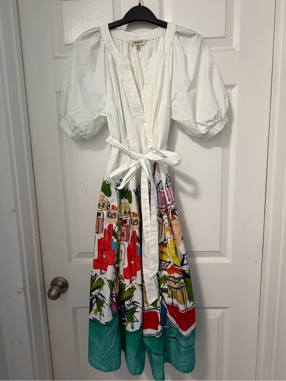 Boden White Puff Sleeve Midi Dress with Colorful Printed Skirt and Teal Hem